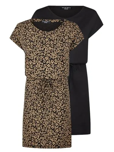 DENIMFY Sommerkleid Damen 2er Set - Kurzarm Strandkleid in Schwarz und Braun - Freizeitkleider für Damen im 2er-Pack: Bequemes Midikleid mit Rundhals und verstellbarem Kordelzug für eine schmeichelhafte Silhouette. Ideal für den Sommer!