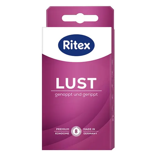 Ritex LUST Pro Packung 8 Stück - Transparente Kondome aus Naturkautschuklatex, genoppt und gerippt für zusätzliche Stimulation. Mit Ritex Perfect Form® für einfaches Abrollen. Ideal für unbeschwerte Momente zu zweit.