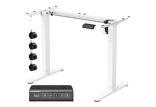 VASAGLE Höhenverstellbarer Elektrischer Schreibtisch mit 2 Haken - Weiß - Flexibel und ergonomisch: Höhenverstellbar von 72 bis 118 cm, ideal für wechselnde Arbeitspositionen. Stabiler Stahlrahmen mit geräuscharmem Motor für eine leise Nutzung im Büro oder Homeoffice.