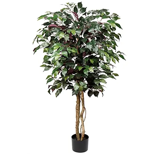 Kunstbaum Ficus Benjamini Künstliche Pflanze Baum Kunstpflanze Groß mit Echtholzstamm Ideal für die Innendekoration Grün Rot