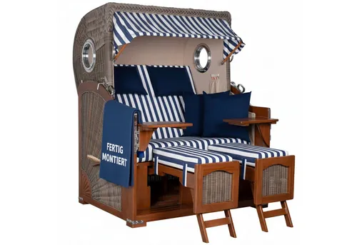 MR.DEKO Strandkorb 2-Sitzer Düne Bullauge Vollholz PE-Geflecht grau 125x170x80, BxTxH: 125x80x170 cm, 2-Sitzer Strandkorb, Strandkorb Düne Bullauge, (Fertig montierter Strandkorb für Garten, Terrasse & Balkon), Wetterfester Volllieger mit Edelstahlbeschlägen & waschbaren Polstern