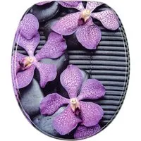 Sanilo WC-Sitz Vanda A962070 mit Absenkautomatik - Eleganter WC-Sitz mit lila Orchideen-Motiv, antibakterieller Oberfläche und stabilen Metallscharnieren für eine sanfte Schließfunktion. Ideal für ovale Toiletten.