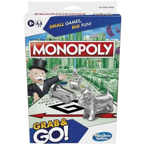 Hasbro Gaming Monopoly Grab and Go, tragbares Strategie-Brettspiel für Kinder ab 8 Jahren, für 2-4 Spieler, Familien- und Partyspiele