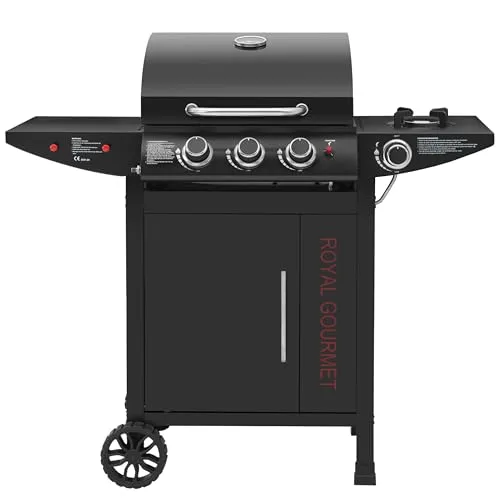 Royal Gourmet Gasgrill 3+1 Brenner - Hochleistungs-Gasgrill mit 11,5 kW, ideal für große Grillpartys. Ausgestattet mit praktischem Unterschrank und seitlichem Brenner für vielseitiges Kochen im Freien.
