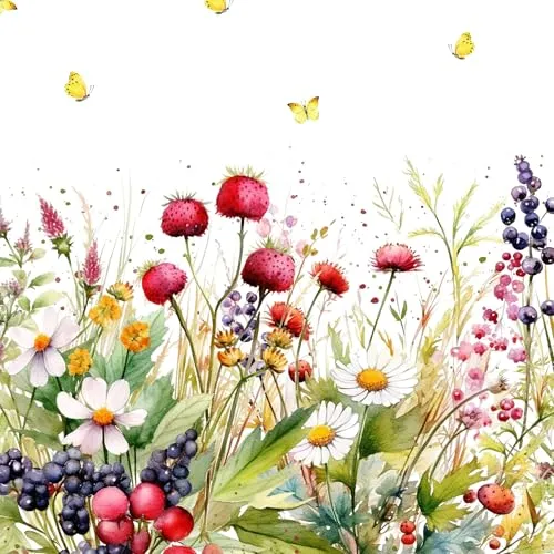 Servietten Blumen, Garten & Natur Wiese mit süßen Beeren als Tischdeko. Papierservietten mit Motiv. Auch für Decoupage und Serviettentechnik 33x33cm 20