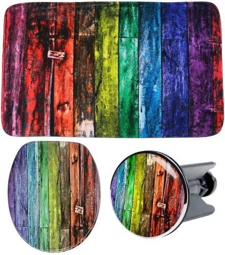 Sanilo Badaccessoire-Set 3-teilig Rainbow - Sonstige Badaccessoires - Hochwertiges Set mit WC-Sitz mit Absenkautomatik, Badteppich und Waschbeckenstöpsel, ideal für modernes Badezimmerdesign und einfache Montage.