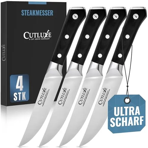 Cutluxe Steakmesser - Gerade Kante Steakmesser 4er Set 13cm - Geschmiedeter Hartstahl - Vollzapfen - Ergonomisches Griffdesign & Extrem Scharf - Artisan Serie