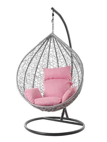 KIDEO Komplettset: großer Hängesessel mit Gestell & Kissen, Korbsessel, Poly-Rattan (Korb: hellgrau & Gestell: grau, Kissen: rosa Nest (3002_Lemonade))