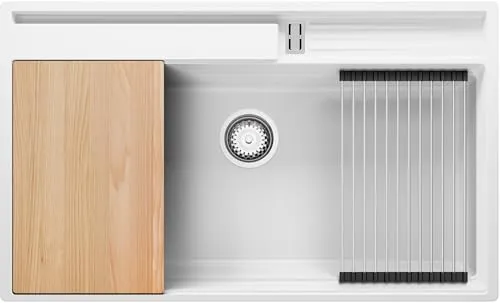 PRIMAGRAN Spülbecken Weiß 88x53cm - Oslo Pocket S290 - 1 Becken Granitspüle für Unterschränke ab 90 cm, mit XXL-Becken für große Geschirrteile und multifunktionaler Arbeitsstation für mehr Komfort in der Küche.