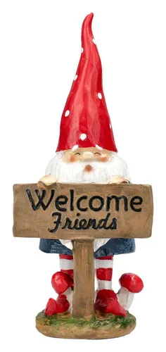 Figuren Shop GmbH Gartenzwerg Dekofigur – Wetterfeste Garten Statue mit Welcome Friends Schild - Handbemalter Gartenzwerg mit Schild