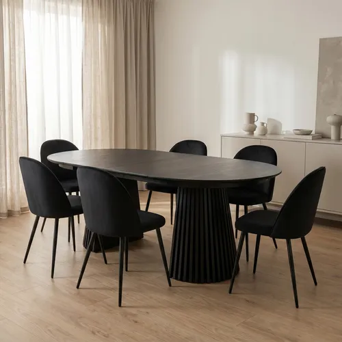 Tokyo Essgruppe 7-tlg. Schwarz mit Velours - Moderne Tisch- & Stuhl-Sets für das Esszimmer, bestehend aus einem runden Esstisch und 6 Stühlen in elegantem Schwarz. Hochwertige Materialien und stilvolles Design für gesellige Dinnerabende.