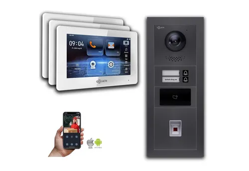 Goliath 2-Draht BUS Video Türklingel: 2 Fam. 3 Monitore, Fingerprint, RFID, Anthrazit - Moderne 2-Draht BUS Video-Türsprechanlage für Mehrfamilienhäuser mit HD-Kamera, Fingerprint und RFID. Ideal für höchste Sicherheit und Benutzerfreundlichkeit.