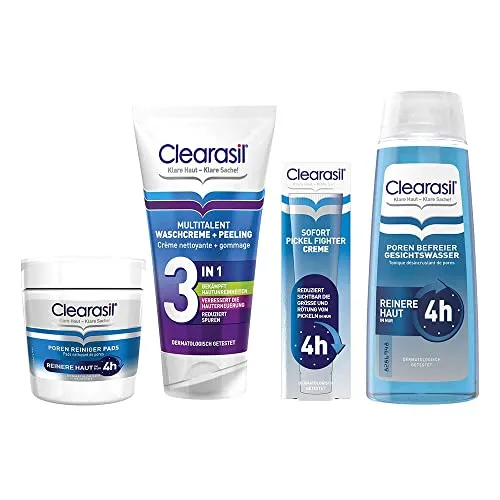 Clearasil 4er Set: Poren Reiniger Pads, Sofort Pickel Fighter, Waschcreme & Gesichtswasser - Gesichtsreiniger-Set mit 65 Poren Reiniger Pads, Sofort Pickel Fighter Creme und Multitalent Waschcreme. Schnelle Klärung der Poren und effektive Soforthilfe gegen Pickel.
