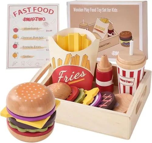 Smartwo Kinderküche Zubehör Holz, Spielküche Hamburger Holzspielzeug, Küchenzubehör Lebensmittel Spielzeug Fast Food Set, Küchenspielzeug Essen für Rollenspiele, Geschenk ab 3 Jahre