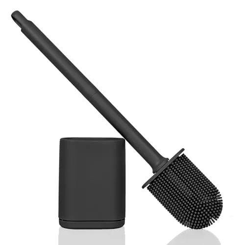 Cozary Silikon Toilettenbürste, Hygienische Klobürste mit Halter, Toilettenbürste Silikon für die Reinigung des Badezimmers, Installationsfrei, Wandmontierbar, Leicht Zu Reinigen (Schwarz, 1 Stück)