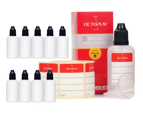 OCTOPUS Kanister 10 Plastikflaschen mit Trichter 50ml LDPE G14, Deckel schwarz (10 St)