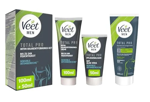 Veet Intim-Haarentfernungs-Set – speziell für den sensiblen Intimbereich - Enthaarungsmittel für empfindliche Haut, inklusive Pflegebalsam für zusätzliche Feuchtigkeit und Veet for Men Haarentfernungscreme für effektive Ergebnisse.