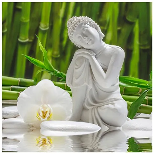 levandeo Glasbild 30x30cm Weiße Orchidee Bambus Buddha Wandbild Wanddeko Wellness Dekoration