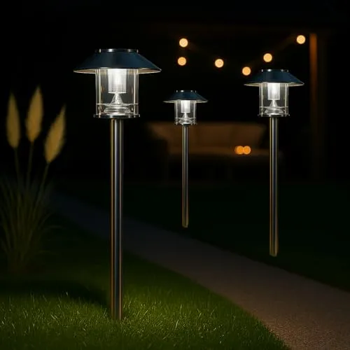 MeLiTec Solar-Gartenlampe 3er-Set - Wegeleuchten: Stilvolle, 100% solarbetriebene Edelstahl-Leuchten mit automatischem Dämmerungssensor – ideal für Garten, Balkon und Terrasse, bis zu 8 Stunden Leuchtdauer.