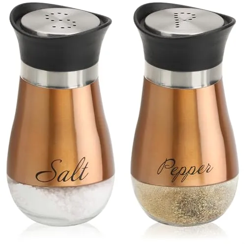 com-four® 2-teiliges Salz- und Pfefferstreuer-Set aus Edelstahl und Glas - Würzspender - Gewürzbehälter mit Aufschrift - Schüttler für Gewürze in Küche und Gastronomie (2-teiliges Set - kupferfarben)