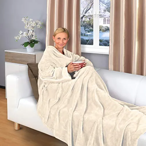 Gräfenstayn® Kuscheldecke mit Ärmeln und Fußtasche - Flauschige Decke zum anziehen - Öko-tex Standard 100 - Ärmeldecke für Damen & Herren - TV-Decke (Creme, 200x170cm)