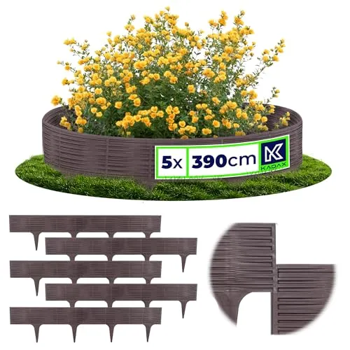 KADAX Rasenkante 78 cm, 5 Stück, Beeteinfassung in Rattanoptik, Beetumrandung aus Kunststoff, Rasenbegrenzung, Beetbegrenzung für Garten (Braun)
