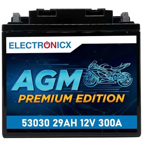 Electronicx AGM Premium Edition 53030 Motorradbatterie 12V 29Ah 300A – wartungsfrei, versiegelt, kompakt & robust. Hochleistungs-Starterbatterie: Ideal für Motorrad, Quad, ATV, Jetski, Aufsitzmäher