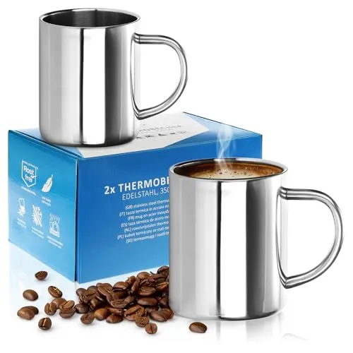 Robin Goods® 2x Edelstahl-Thermobecher Set - 350 ml je Kaffeetasse - Thermo-Trinkbecher aus hochwertigem Edelstahl - Kaffeepott bruchsicher - doppelwandige Isolierbecher (2 Stück - glänzend)