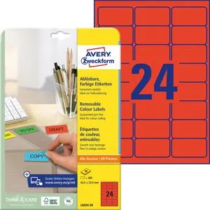 AVERY 480 Zweckform Etiketten L6034-20 rot 63,5 x 33,9 mm