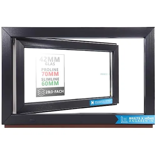 Kellerfenster Kunststofffenster anthrazit, BxH: 80 x 80 cm / 800 x 800 mm Verglasung (32 mm) Dreh-Kipp inkl. Pilzkopfverriegelung, DIN Links (Griff Rechts), 70 mm Profil