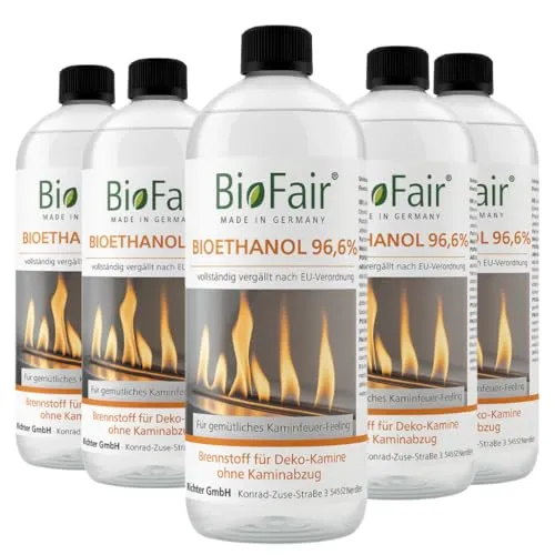 BioFair Bioethanol 96% Brennstoff für Ethanolkamine, Bioethanolkamin, Ethanol Tischkamin, Wandkamin Indoor (6x1L, 6, Liter)