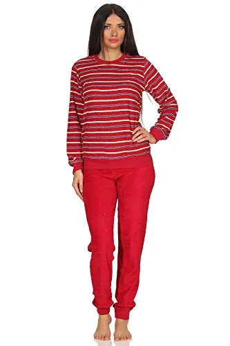 RELAX by Normann Kuscheliger Frottee Pyjama für Damen mit Bündchen und geringelten Oberteil - 291 13 772, Farbe:rot, Größe2:48/50