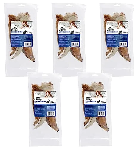 Dehner Lieblinge Hundesnack, Leckerli 100 % natürlich, Kausnack für ernährungssensible Hunde, Kaninchenohren mit Fell, 5 x 100 g (500 g)