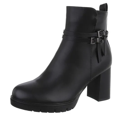 Ital-Design Elegante Absatzboots mit Riemchen und Schnallen - Stylische High-Heel-Stiefeletten mit Blockabsatz in Schwarz. Ideal für jeden Anlass, bieten sie eine Kombination aus ansprechendem Design und hohem Tragekomfort. Perfekt für Freizeit und besondere Anlässe.
