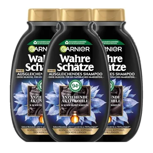 Garnier Ausgleichendes Shampoo, Gegen schnell fettende Kopfhaut und trockene Haarlängen, Mit reinigender Aktivkohle und Schwarzkümmelöl, Wahre Schätze, 3 x 250 ml