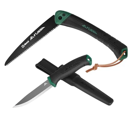 FLISSA Outdoor Messer & Handsäge Set - Vielseitiges Set für Outdoor und Garten: Feststehendes Jagdmesser mit 105mm Klinge und klappbare Astsäge mit 180mm Sägeblatt. Ergonomisches Design und sicherer Griff für optimale Handhabung.