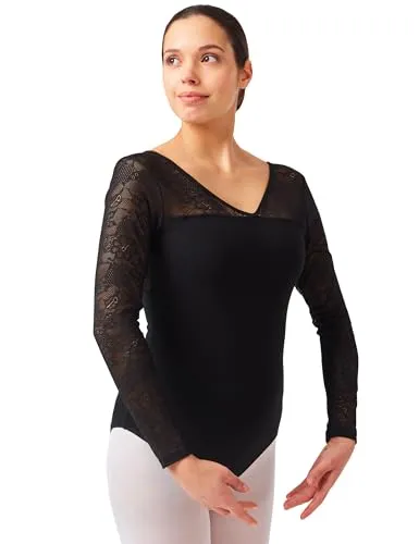 tanzmuster Body Langärmliges Damen Ballett Trikot Britta mit Spitze - Elegantes langärmliges Balletttrikot für Damen, ideal für den Tanzunterricht. Aus atmungsaktiver Polyester-Mischung, sorgt für Komfort und Bewegungsfreiheit. Pflegeleicht und in klassischem Schwarz erhältlich.