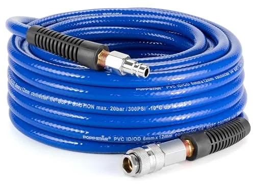 Poppstar PVC Druckluftschlauch 6/12mm, 15m - Schläuche für Druckluftwerkzeuge, stabiler PVC-Schlauch mit Schnellkupplung, ideal für Kompressoren und Schlagschrauber, belastbar bis 20 bar, flexibel und UV-beständig.