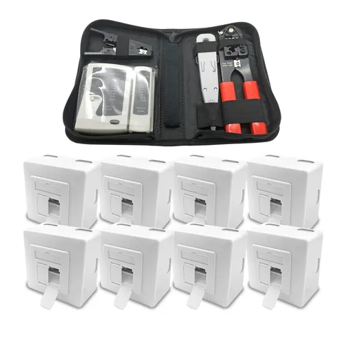 ARLI Netzwerk-Adapter Set mit 8x Cat6a Netzwerkdose und Werkzeugen - Praktisches Set für die Netzwerkinstallation: Enthält Crimpzange, Kabeltester und mehr. Ideal für effiziente Verkabelung und einfache Handhabung, alles in einer robusten Tasche.