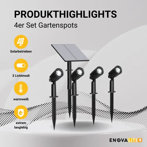 4er Set Solar Gartenstrahler mit 3 Lichtmodi - Lampen für den Außenbereich, wetterbeständig und mit automatischem Dämmerungssensor für zuverlässige Beleuchtung bei Nacht.