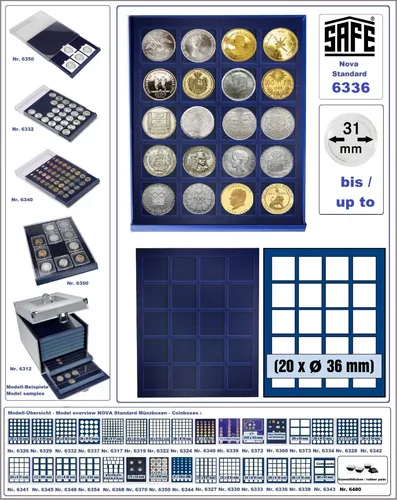 SAFE-6336-Münzboxen-NOVA-Standard-20-eckige-Fächer-36-37-mm-blaue-Velourseinlage