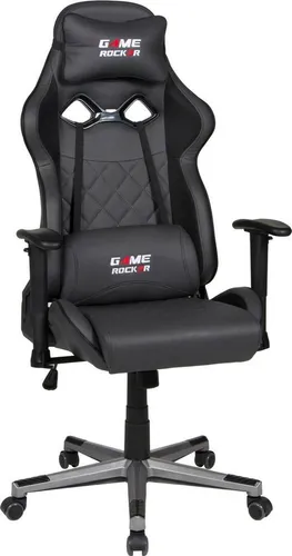 GAME ROCKER G-20 Gaming Stuhl - Kunstleder schwarz/anthrazit, bis 110 kg - Gaming-Stuhl mit verstellbaren Armlehnen, Nacken- und Lendenkissen für optimalen Komfort. Ergonomisches Design und bis zu 135° verstellbare Rückenlehne für lange Gaming-Sessions.