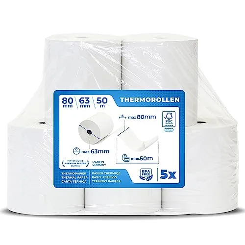 THERMALKING Thermorollen 80mm x 63mm x 12mm [für Bondrucker wie Epson, IBM & co.] - Bonrollen 80x63x12 Thermo - Kassenrollen Thermopapier - Geeignet für Drucksysteme mit Papierbedarf bis 50m (5 Stk)