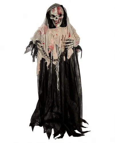 Horror-Shop Blutiger Fetzengeist mit Bewegung, Sound & Light 163cm - Animierte Halloween Dekofigur mit Bewegung, Licht und Sound. Erlebe das gruselige Highlight für deine Feier! Der 163 cm hohe Fetzengeist sorgt für Gänsehaut und ist einfach aufzustellen. Perfekt für Horrorfans!