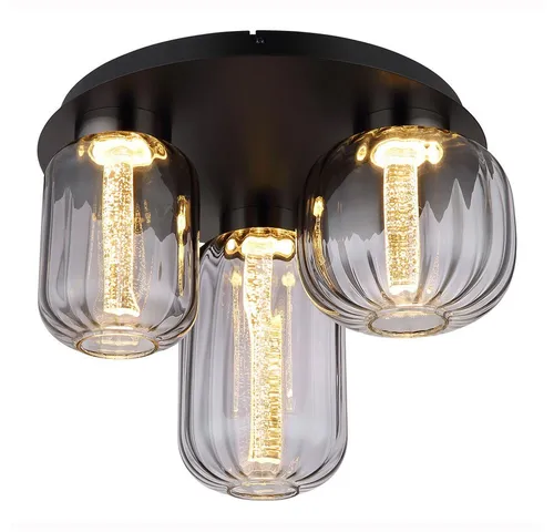 Deckenlampe FLUORO - 3-flammige LED Leuchte mit Rauchglas - Moderne Deckenleuchte aus schwarzem Metall mit rauchfarbenen Gläsern, bietet 960 Lumen Lichtoutput und warme 3000K Farbtemperatur. Ideal für stilvolle Akzente in jedem Raum.