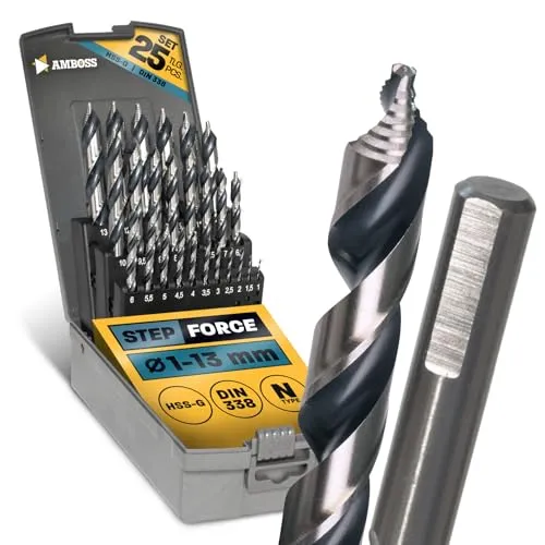 Spiralbohrer Step Force 25tlg. SET Ø1-13 mm - HSS-G DIN 338 für Stahl, Baustahl, Alu, Buntmetalle AMBOSS WERKZEUGE® Bohrer Bleche, Profile - Sechskant f. Bohrmaschine, Akkubohrer, Standbohrmaschine