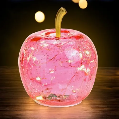 Spetebo LED Crackle Glas Apfel 11 cm - rosa - Deko Frucht in Bruchglas Optik - Tisch Lampe Leuchte mit Drahtlichterkette Batterie betrieben mit Timer
