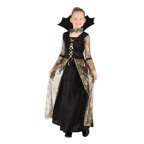Boland - Kostüm für Kinder Spiderella, Spinnen-Dame für Karneval und Halloween - Kostüm für Kinder, bestehend aus einem eleganten Kleid und Halskette, ideal für Mottopartys und Halloween, in Schwarz und Gold, Größe 140/158.