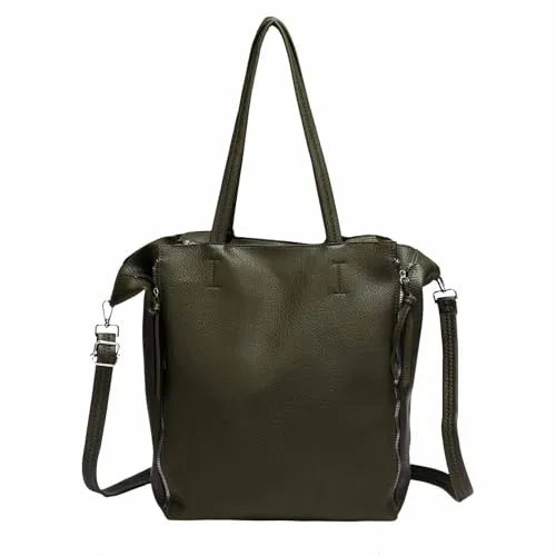 Damen Tasche Set 2in1 Shopper Handtasche Crossbody Hobo Bag Schultertasche Umhängetasche Metallic Cross-Over DIN-A4 Olivgrün V1