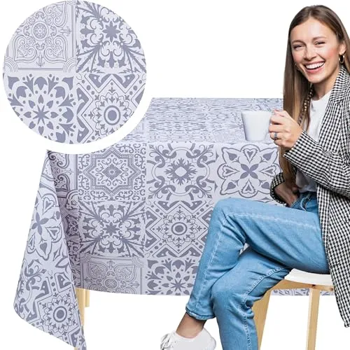 KP HOME Blau Graue PVC Tischdecke Abwischbar Mit Porto-Fliesenmuster – Rechteckige Kunststoff Wachstischdecke 200x140 cm – wasserdichte Und Abwischbare Tischdecke Aus Vinyl Wachstuch Für Draußen